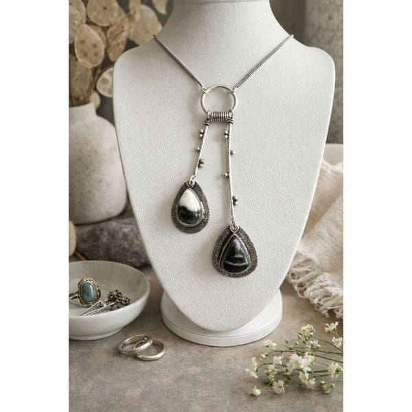 Silver Dual Pendant Necklace White Buffalo Turquoise Artisan