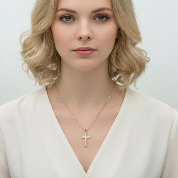 Dainty Gold Vermeil Diamond Simulant Cross Pendant High Polish 18 Inch Necklace