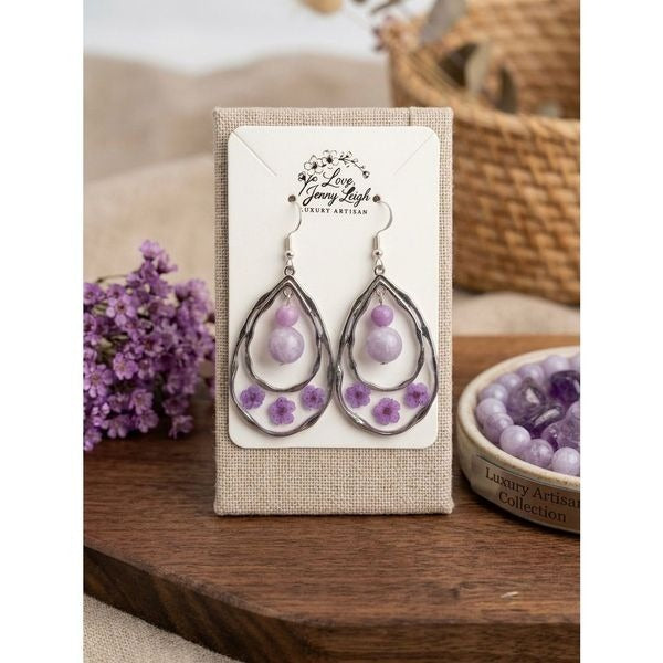 Handmade Pressed Flower & Purple Jade Teardrop Earrings
