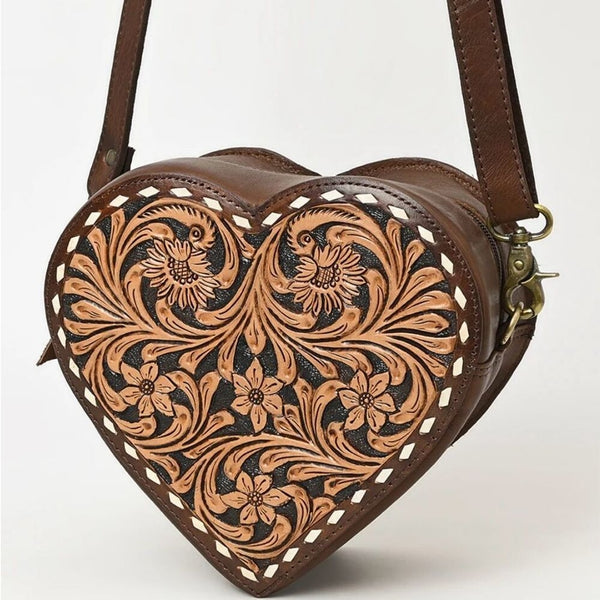New Heart Canteen Purse Genuine Western Tooled Leather Women