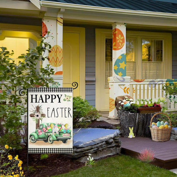 Happy Easter Garden Flag 12X18 Inch Double Sided Buffalo Plaid with Truck Cross