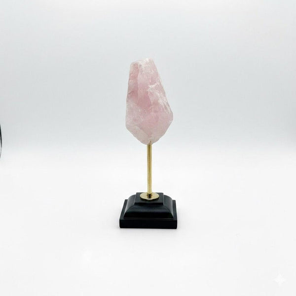 Raw Rose Quartz Crystal Specimen with Gold Tone & Black Pedestal Display Stand