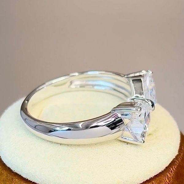 Sterling Silver Bow Heart Ring Clear CZ Stones Sparkling Double Heart Design