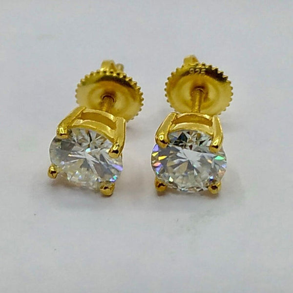 Stunning 6.5mm Moissanite Round Screw Back 18k Gold Solitaire Stud Earrings 2ctw