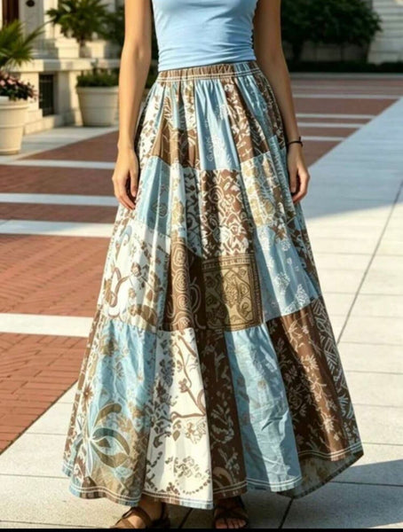 Women's Boho Patchwork Maxi Skirt Long Flowy Blue Brown Floral Bohemian Hippie