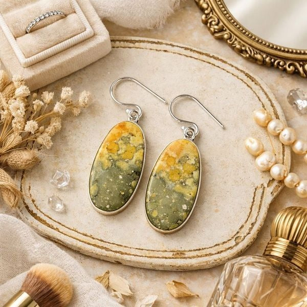 Southwestern Natural Bumblebee Jasper Oval Earrings Silver