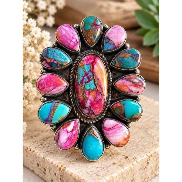 Southwestern Pink Dahlia Turquoise Statement Silver Ring Boho Artisan Design 6