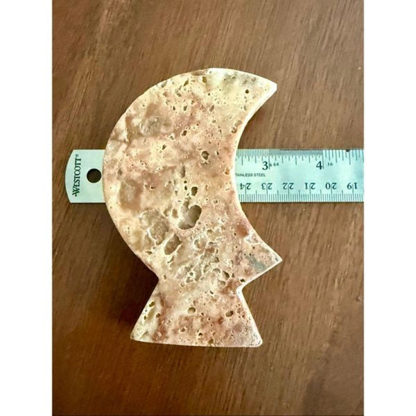 Vintage Natural Travertine Moon Sculpture Hand Carved Stone Crescent Modern Deco
