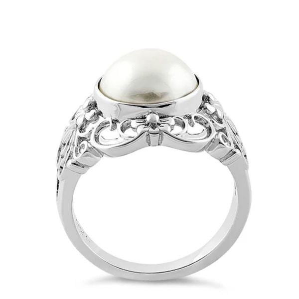 Vintage Style Pearl Statement Ring Sterling Silver Floral Filigree Cocktail Ring
