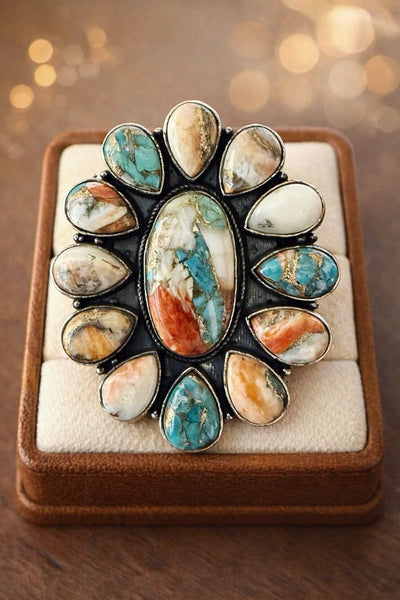 Southwestern Spiny Oyster Turquoise Statement Silver Ring Boho Artisan Design 7