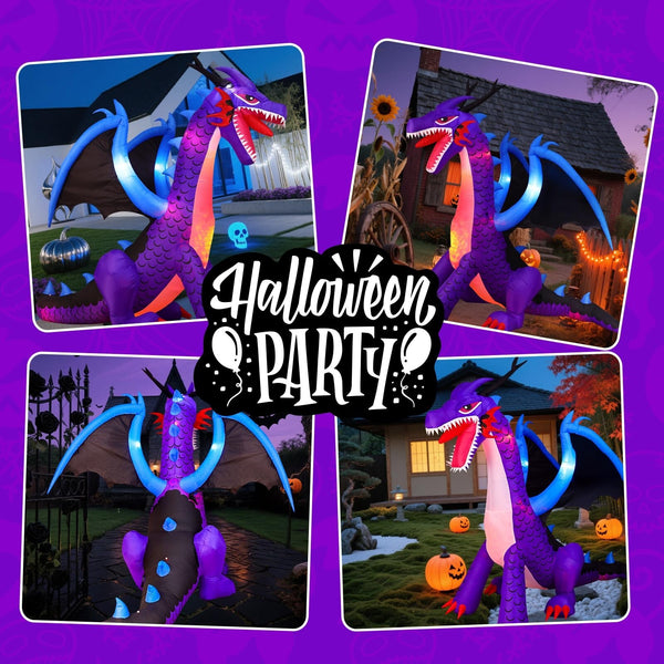 8FT Halloween Dragon Inflatable with LED Lights - Outdoor Yard Decor