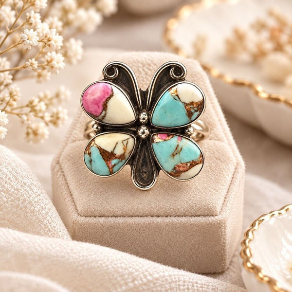 Silver Cotton Candy Turquoise Butterfly Statement Ring Southwestern Size 6 New