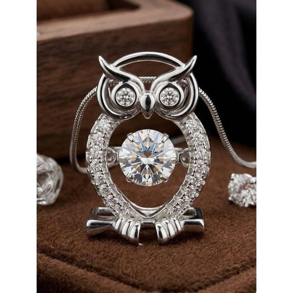 0.61 Ctw D Color VVS1 Moissanite Dancing Owl Pendant Necklace Artisan Crafted