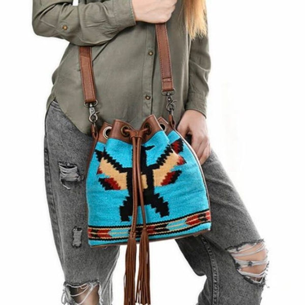 New Western Woven Thunderbird Leather Bucket Handbag