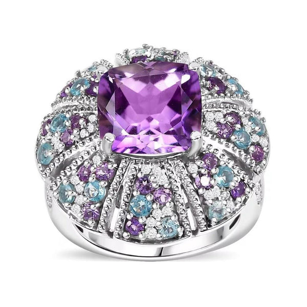 Amethyst Moissanite Multi Gemstone 5.85 ctw Floral Ring Sterling Silver Size 7
