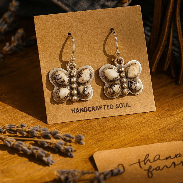 White Buffalo Turquoise Butterfly Earrings  Handcrafted Boho Western Jewelry