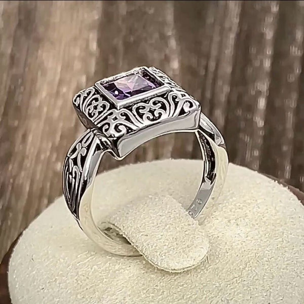 Sterling Silver Ornate Square Cut Amethyst CZ Ring Size 6