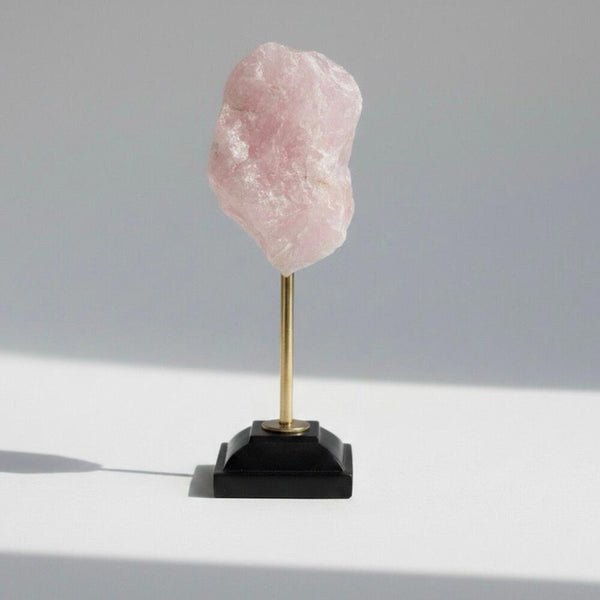 Raw Rose Quartz Crystal Specimen with Gold Tone & Black Pedestal Display Stand