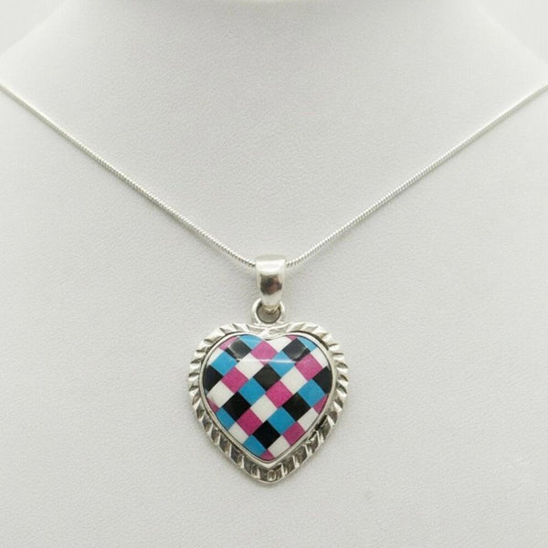 New Multi-Stone Heart Pendant Necklace Sterling Silver Southwest Inlay Artisan