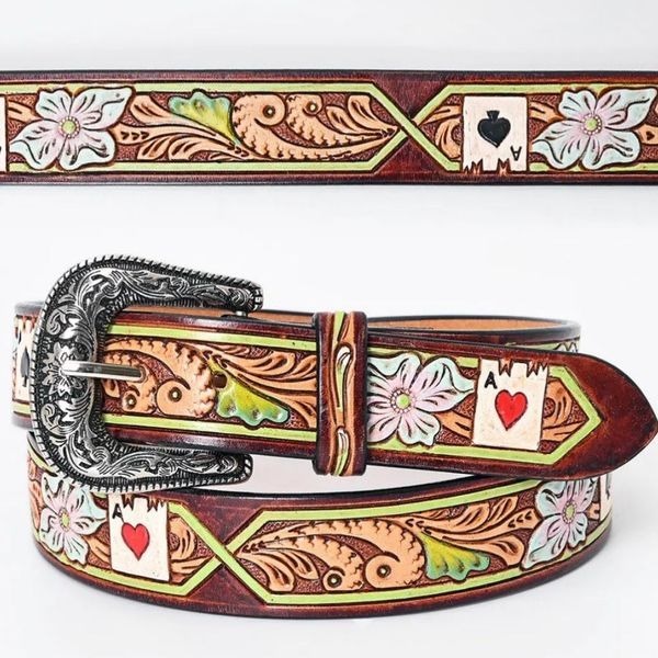 Genuine Leather Western Tooled Ace of Hearts Floral Belt Mens Womens Unisex Sz L