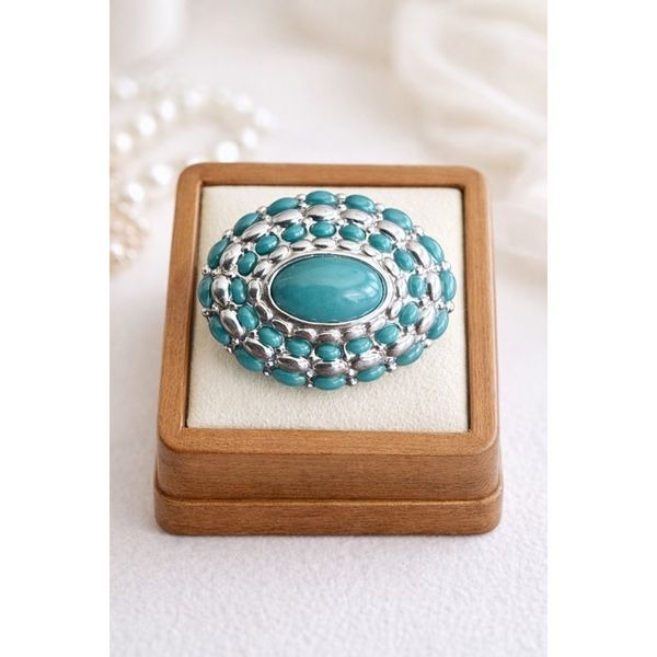 Vintage Turquoise Oval Cluster Ring Silver Southwestern