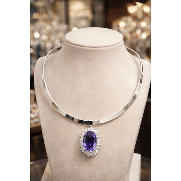 Silver Choker Torque Necklace Amethyst Crystal Pendant