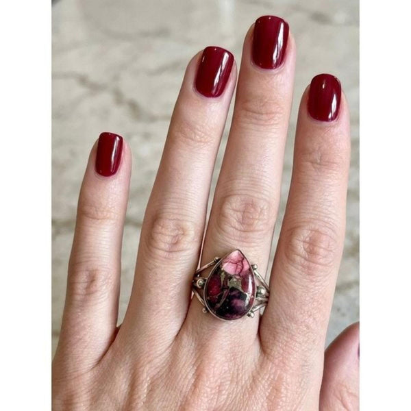 Southwestern Teardrop Red Rose Dahlia Turquoise Statement Ring Silver Size 8