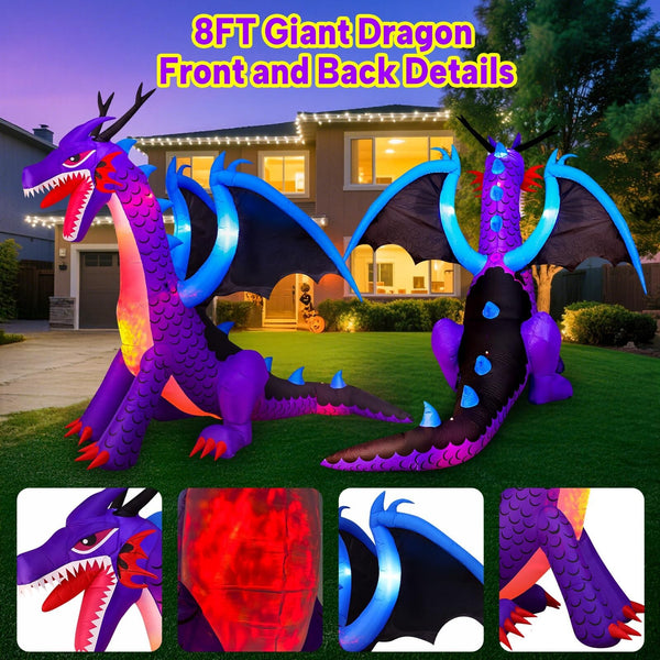 8FT Halloween Dragon Inflatable with LED Lights - Outdoor Yard Decor