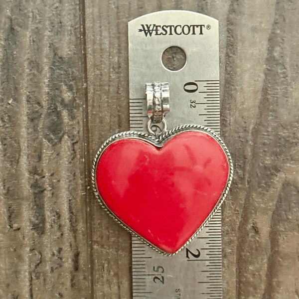 Stunning Red Coral Heart Pendant in Silver Large Romantic Statement Boho Jewelry