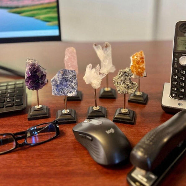 Raw Rose Quartz Crystal Specimen with Gold Tone & Black Pedestal Display Stand