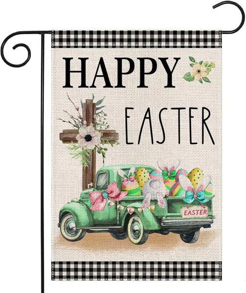Happy Easter Garden Flag 12X18 Inch Double Sided Buffalo Plaid with Truck Cross