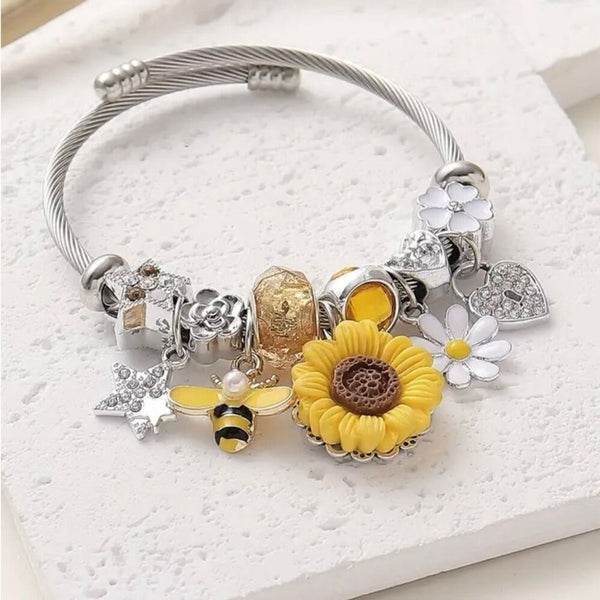 New Sunflower & Bee Charm Stainless Steel Bracelet