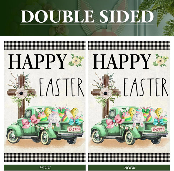 Happy Easter Garden Flag 12X18 Inch Double Sided Buffalo Plaid with Truck Cross
