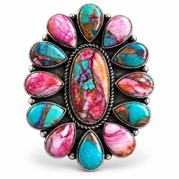Southwestern Pink Dahlia Turquoise Statement Silver Ring Boho Artisan Design 6