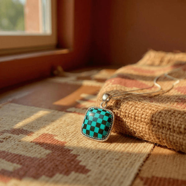 Southwest Kingman Turquoise & Onyx Heart Checkerboard Sterling Silver Necklace