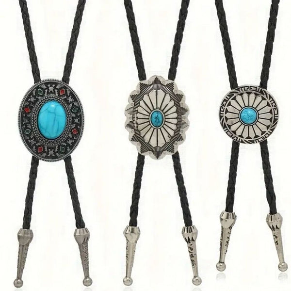 Turquoise Stone Small Round Concho Bolo Tie Mens Casual