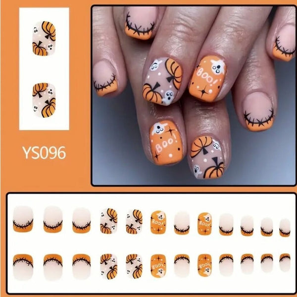 New 24pcs Spooky Pumpkin Halloween Nail Set Glossy