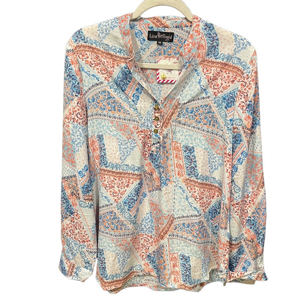 Liza Byrd Womens Floral Heart Patchwork Design Long Roll Tab Sleeved Blouse M