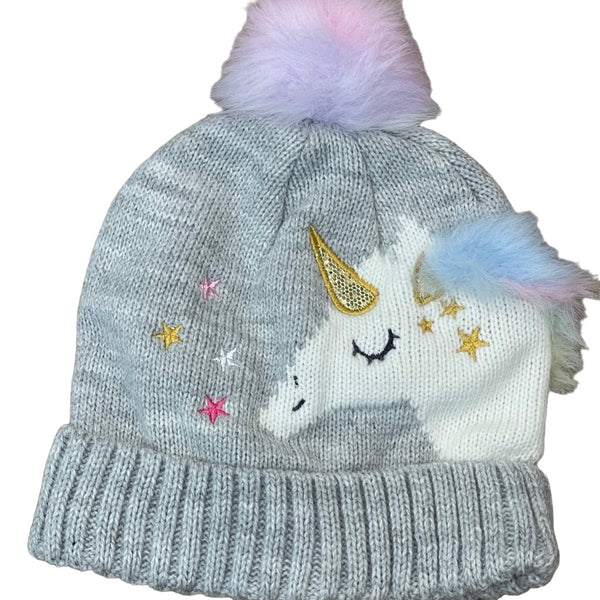 Toddler Kids Cute Winter Knit Unicorn Rainbow Pompom Beanie Hat