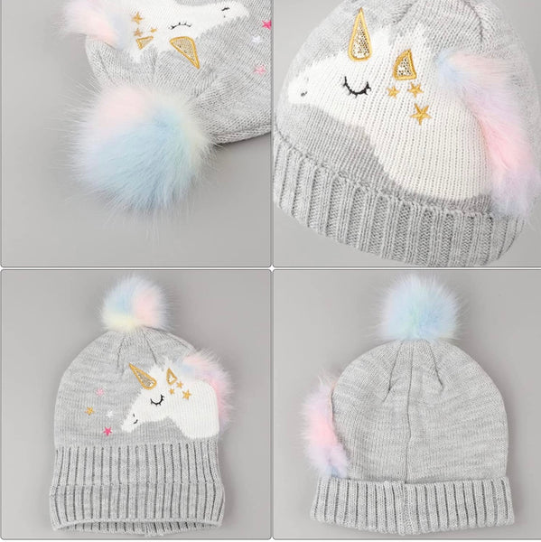 Toddler Kids Cute Winter Knit Unicorn Rainbow Pompom Beanie Hat