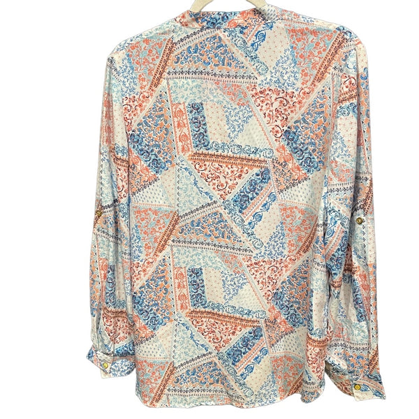 Liza Byrd Womens Floral Heart Patchwork Design Long Roll Tab Sleeved Blouse M