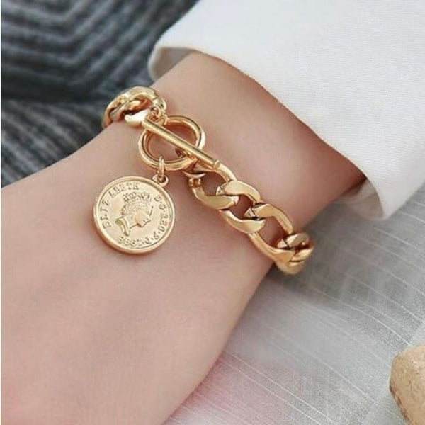 Cuban Link Chain Coin Bracelet Womens Gold Vintage Inspired