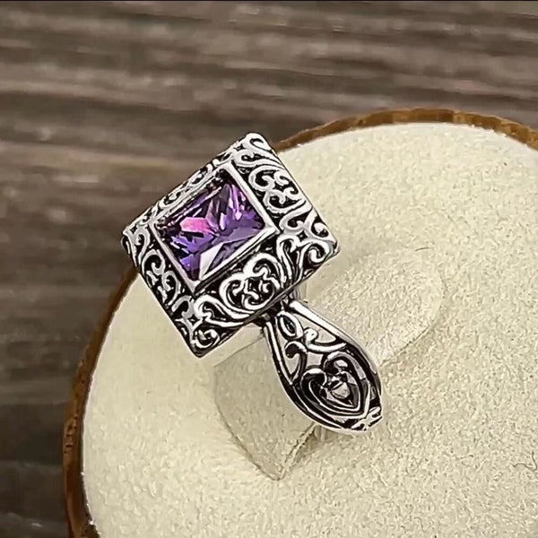 Sterling Silver Ornate Square Cut Amethyst CZ Ring Size 6
