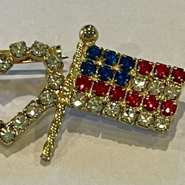 Vintage Patriotic Crystal Brooch I Love USA Rhinestone Pin