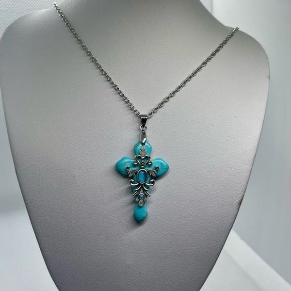Turquoise Stone Cross Pendant Necklace