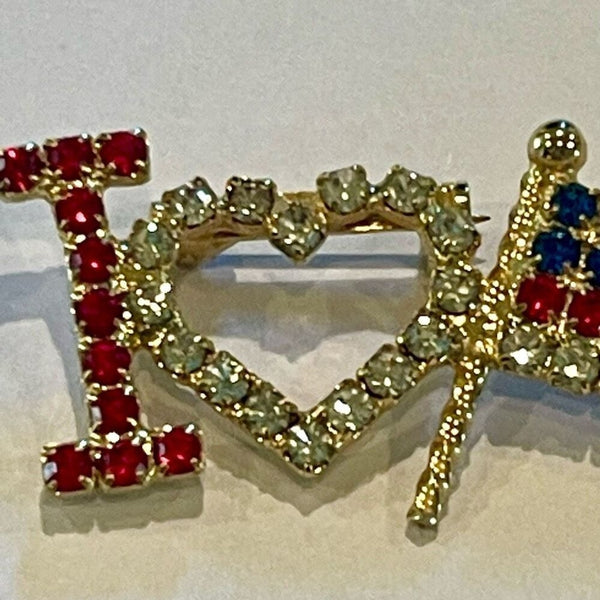 Vintage Patriotic Crystal Brooch I Love USA Rhinestone Pin