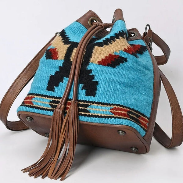 New Western Woven Thunderbird Leather Bucket Handbag