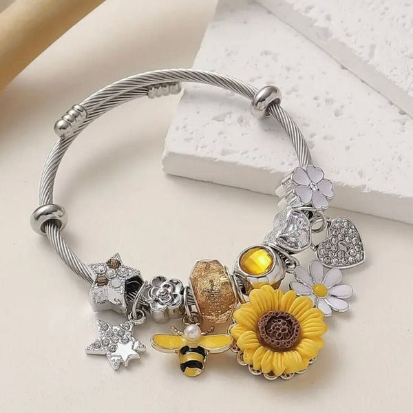 New Sunflower & Bee Charm Stainless Steel Bracelet