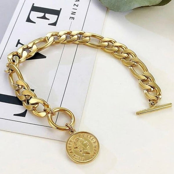 Cuban Link Chain Coin Bracelet Womens Gold Vintage Inspired