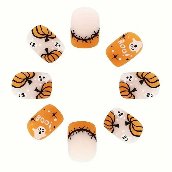 New 24pcs Spooky Pumpkin Halloween Nail Set Glossy